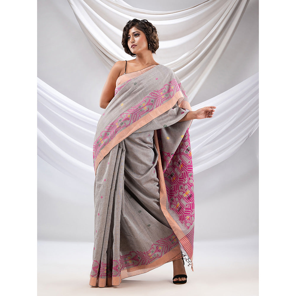 CHARUKRITI Grey Cotton Handwoven Soft Saree with Jamdani Borders with Unstitched Blouse