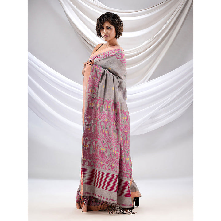 CHARUKRITI Grey Cotton Handwoven Soft Saree with Jamdani Borders with Unstitched Blouse