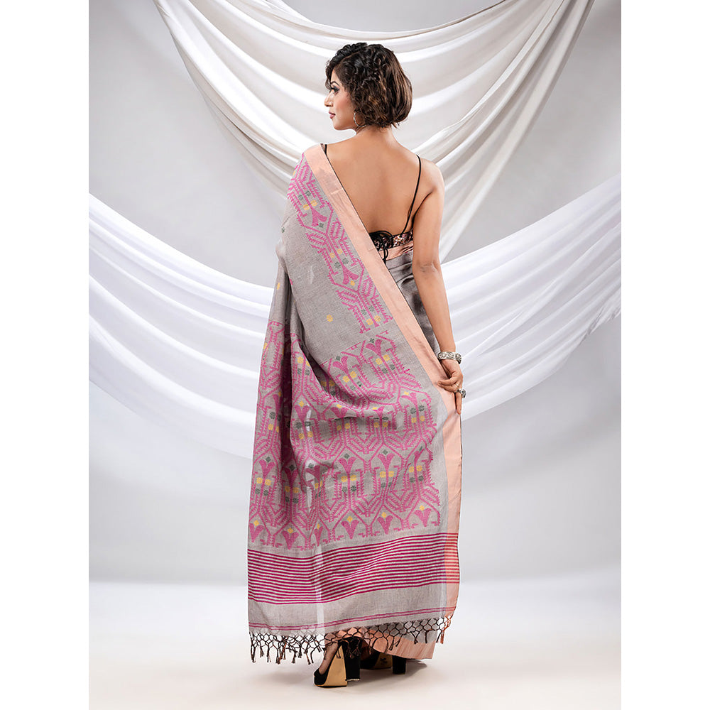 CHARUKRITI Grey Cotton Handwoven Soft Saree with Jamdani Borders with Unstitched Blouse