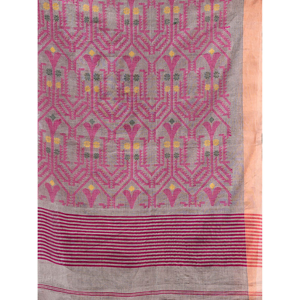 CHARUKRITI Grey Cotton Handwoven Soft Saree with Jamdani Borders with Unstitched Blouse