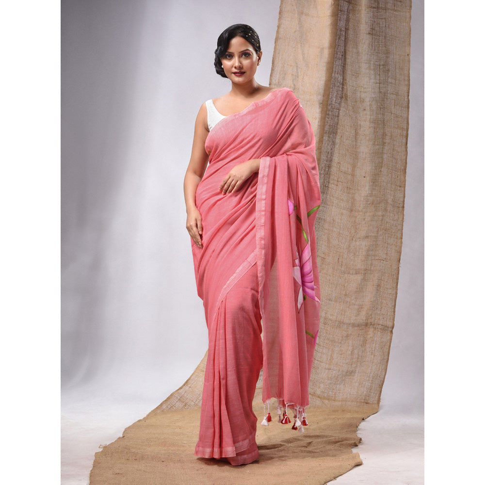 CHARUKRITI Salmon Pink Cotton Handwoven Soft Saree with Lotus Print & Unstitched Blouse