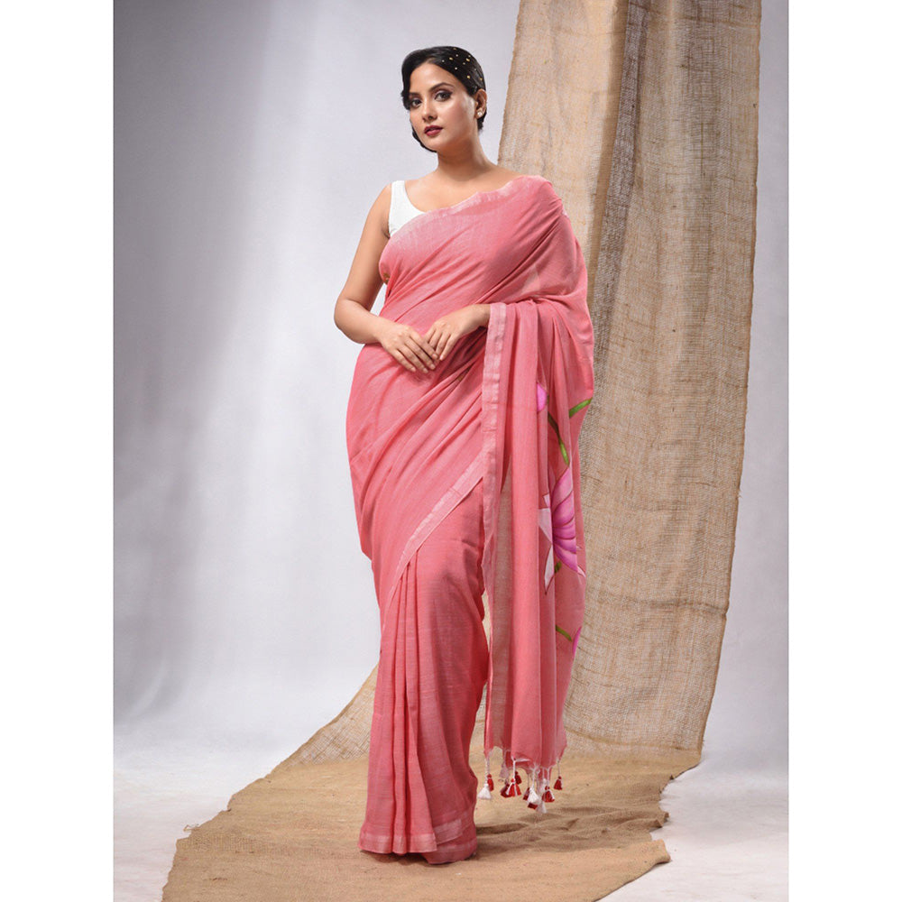 CHARUKRITI Salmon Pink Cotton Handwoven Soft Saree with Lotus Print & Unstitched Blouse