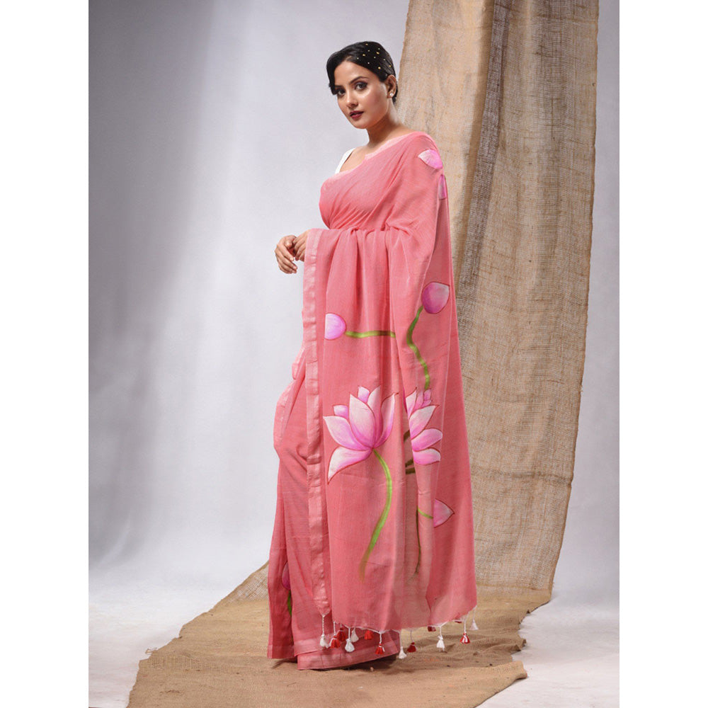 CHARUKRITI Salmon Pink Cotton Handwoven Soft Saree with Lotus Print & Unstitched Blouse