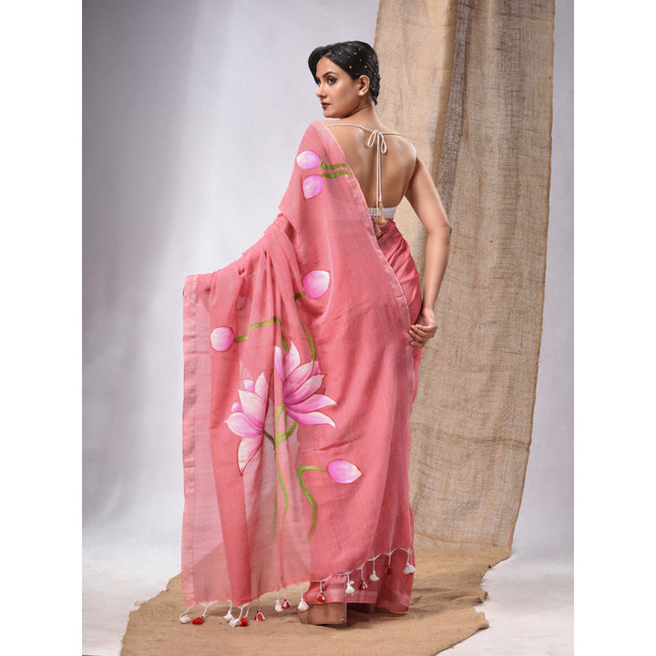 CHARUKRITI Salmon Pink Cotton Handwoven Soft Saree with Lotus Print & Unstitched Blouse