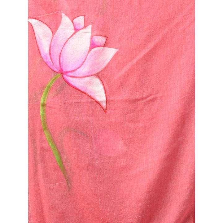 CHARUKRITI Salmon Pink Cotton Handwoven Soft Saree with Lotus Print & Unstitched Blouse