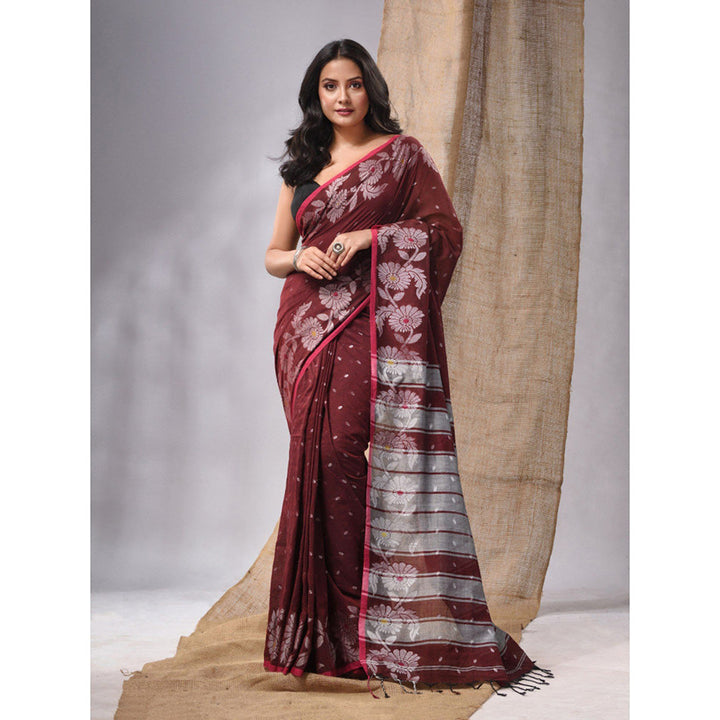 CHARUKRITI Maroon Cotton Handwoven Soft Saree with Zari Woven Floral Border & Unstitched Blouse