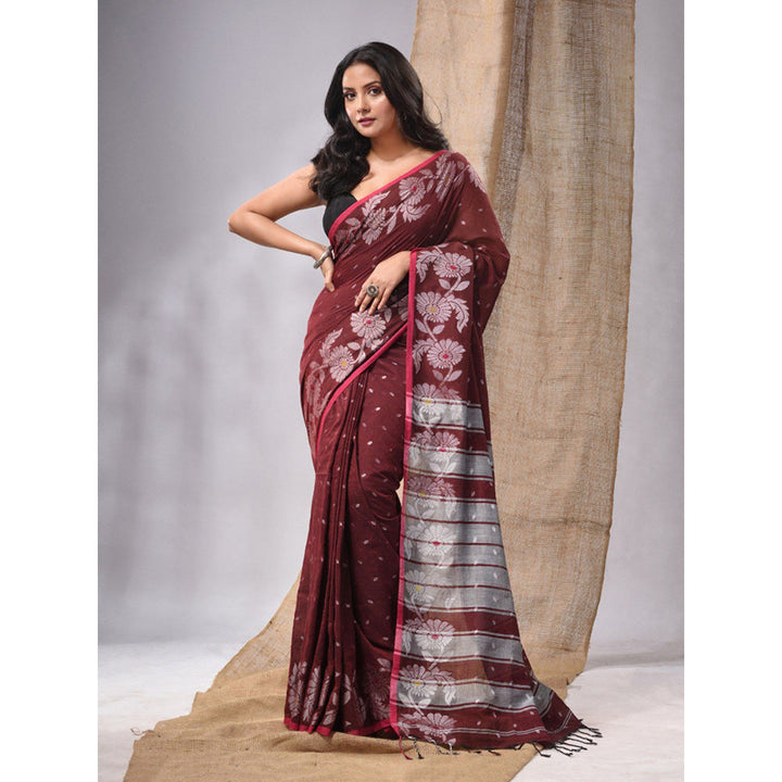 CHARUKRITI Maroon Cotton Handwoven Soft Saree with Zari Woven Floral Border & Unstitched Blouse