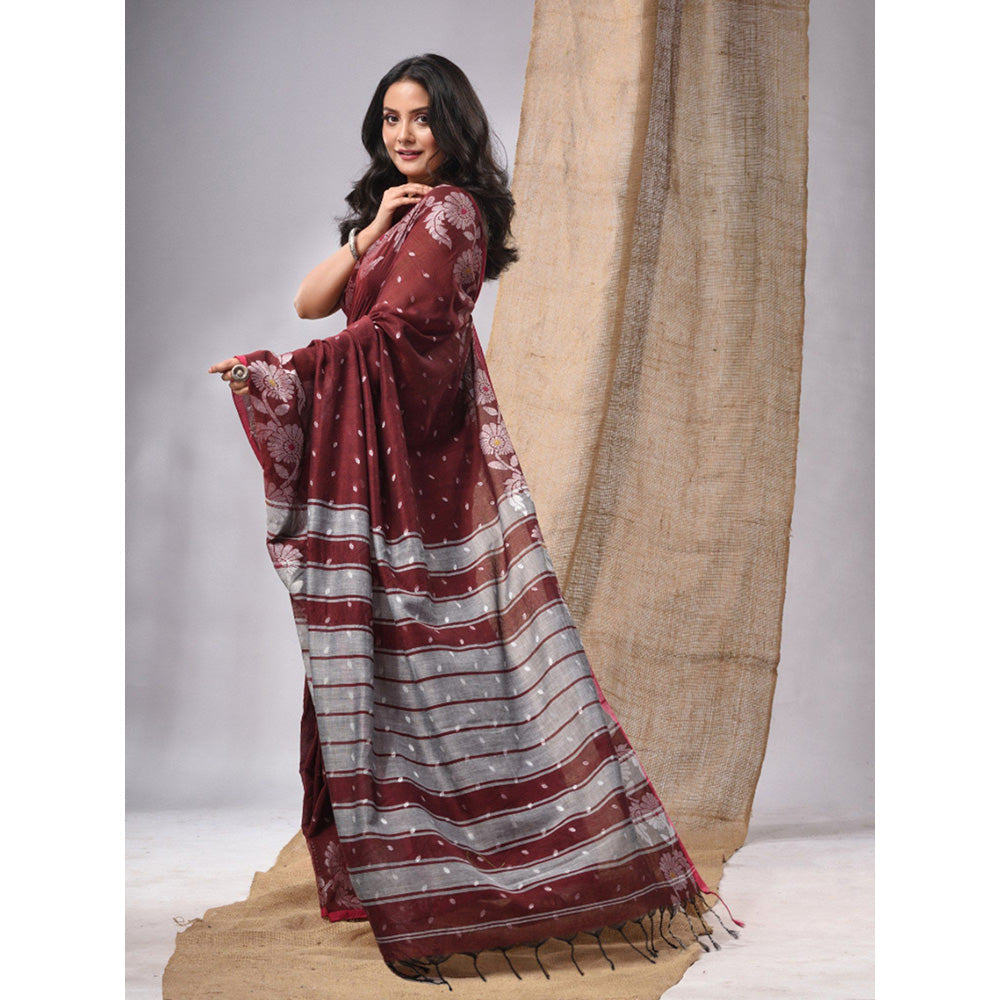 CHARUKRITI Maroon Cotton Handwoven Soft Saree with Zari Woven Floral Border & Unstitched Blouse