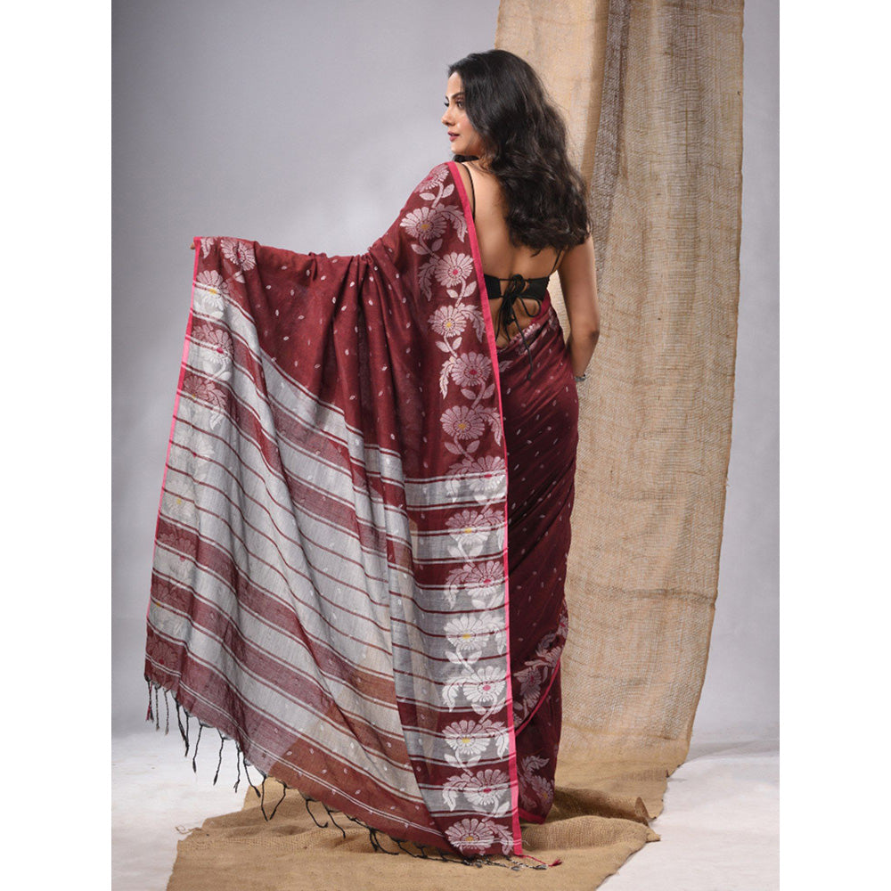 CHARUKRITI Maroon Cotton Handwoven Soft Saree with Zari Woven Floral Border & Unstitched Blouse