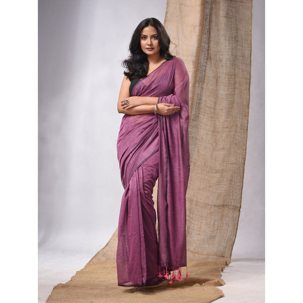 CHARUKRITI Purple Cotton Handwoven Soft Saree with Pompom