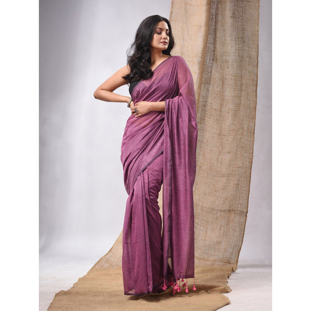 CHARUKRITI Purple Cotton Handwoven Soft Saree with Pompom