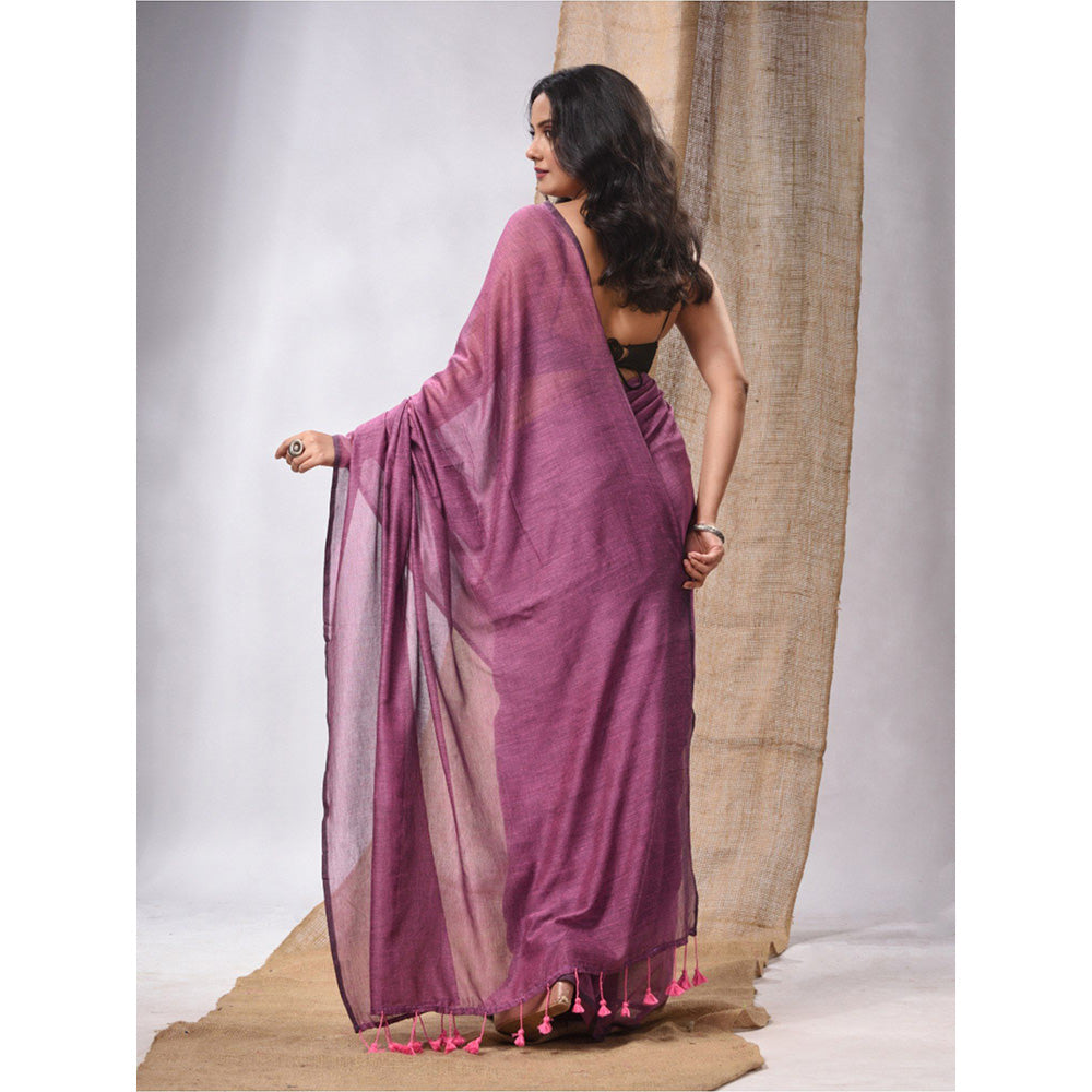 CHARUKRITI Purple Cotton Handwoven Soft Saree with Pompom