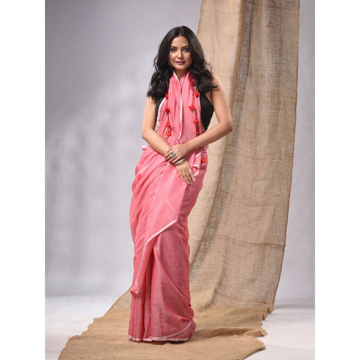 CHARUKRITI Salmon Red Cotton Handwoven Soft Saree with Pompom