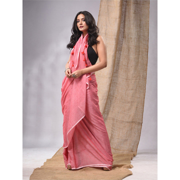 CHARUKRITI Salmon Red Cotton Handwoven Soft Saree with Pompom