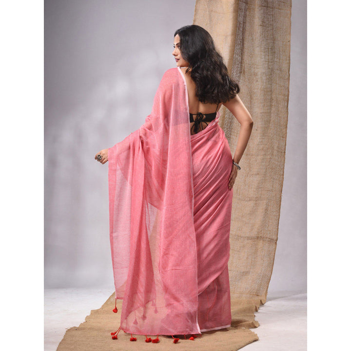 CHARUKRITI Salmon Red Cotton Handwoven Soft Saree with Pompom