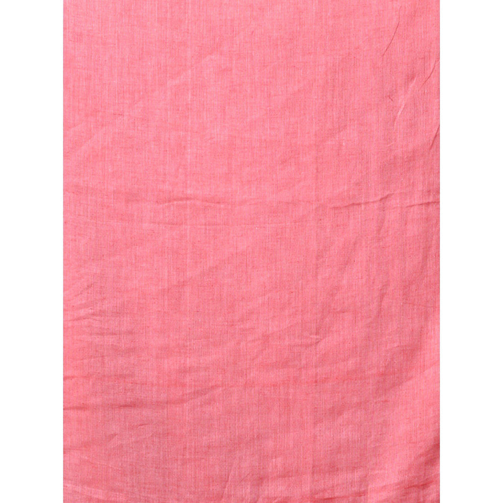 CHARUKRITI Salmon Red Cotton Handwoven Soft Saree with Pompom