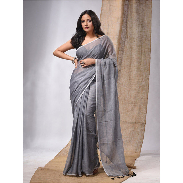 CHARUKRITI Grey Cotton Handwoven Soft Saree with Pompom