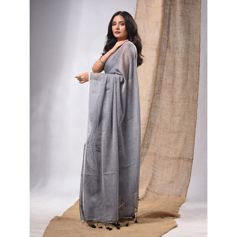 CHARUKRITI Grey Cotton Handwoven Soft Saree with Pompom