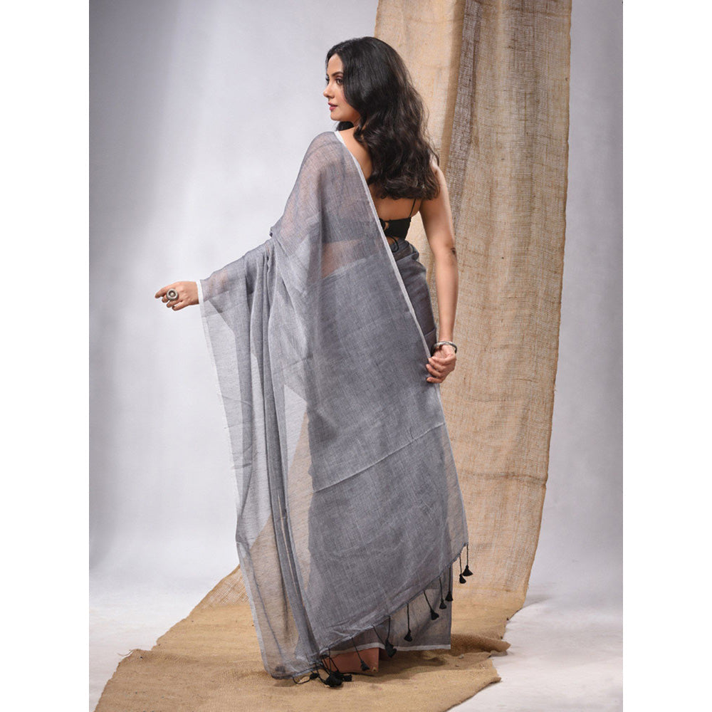 CHARUKRITI Grey Cotton Handwoven Soft Saree with Pompom