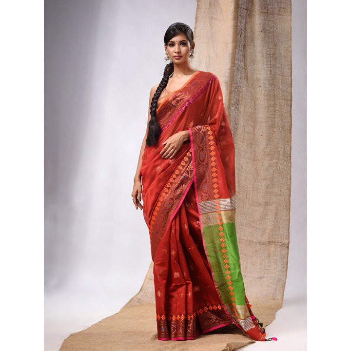 CHARUKRITI Red Cotton Silk Handwoven Saree with Floral Borders & Unstitched Blouse