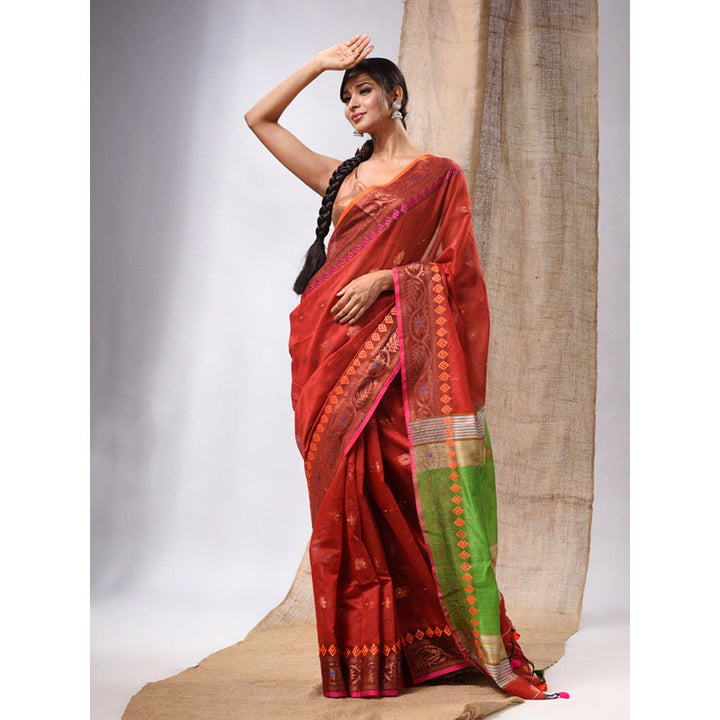 CHARUKRITI Red Cotton Silk Handwoven Saree with Floral Borders & Unstitched Blouse