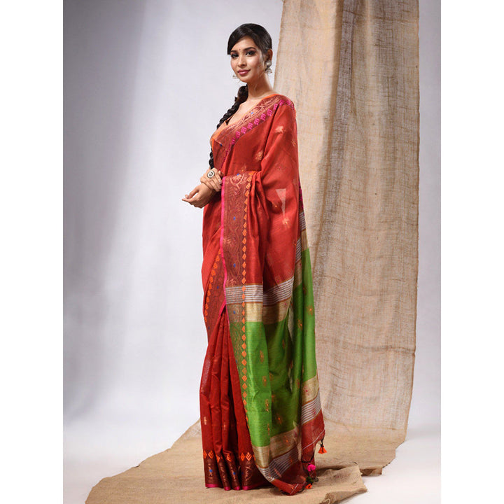 CHARUKRITI Red Cotton Silk Handwoven Saree with Floral Borders & Unstitched Blouse