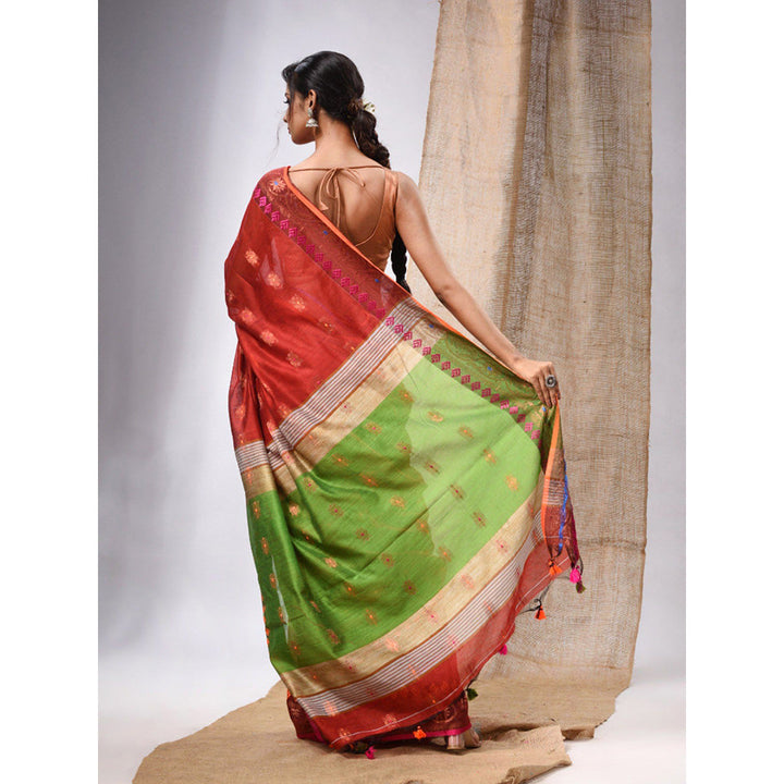 CHARUKRITI Red Cotton Silk Handwoven Saree with Floral Borders & Unstitched Blouse