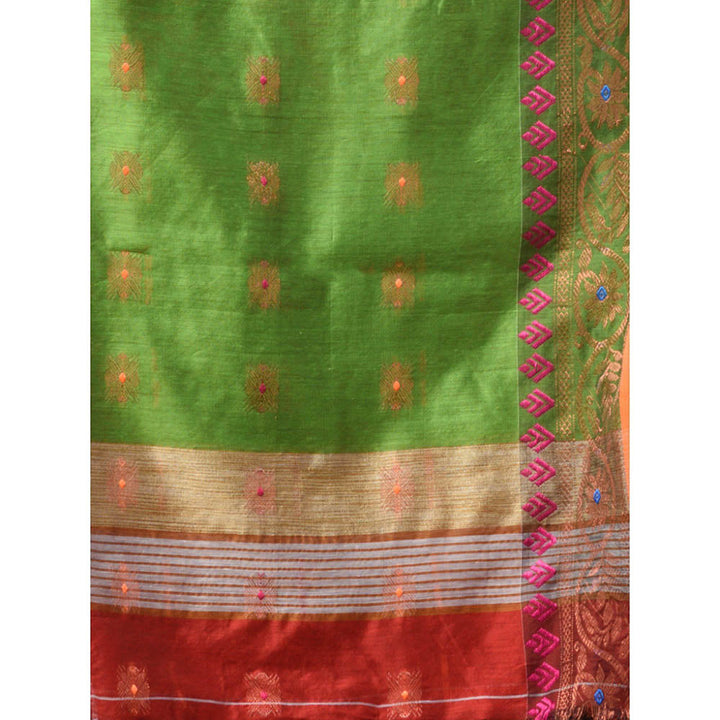 CHARUKRITI Red Cotton Silk Handwoven Saree with Floral Borders & Unstitched Blouse