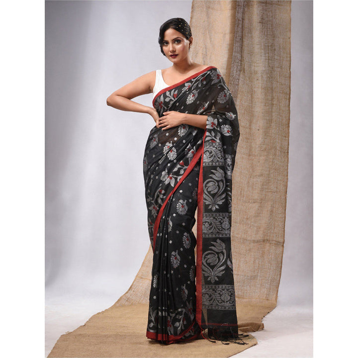 CHARUKRITI Black Cotton Handwoven Saree with Floral Design & Unstitched Blouse