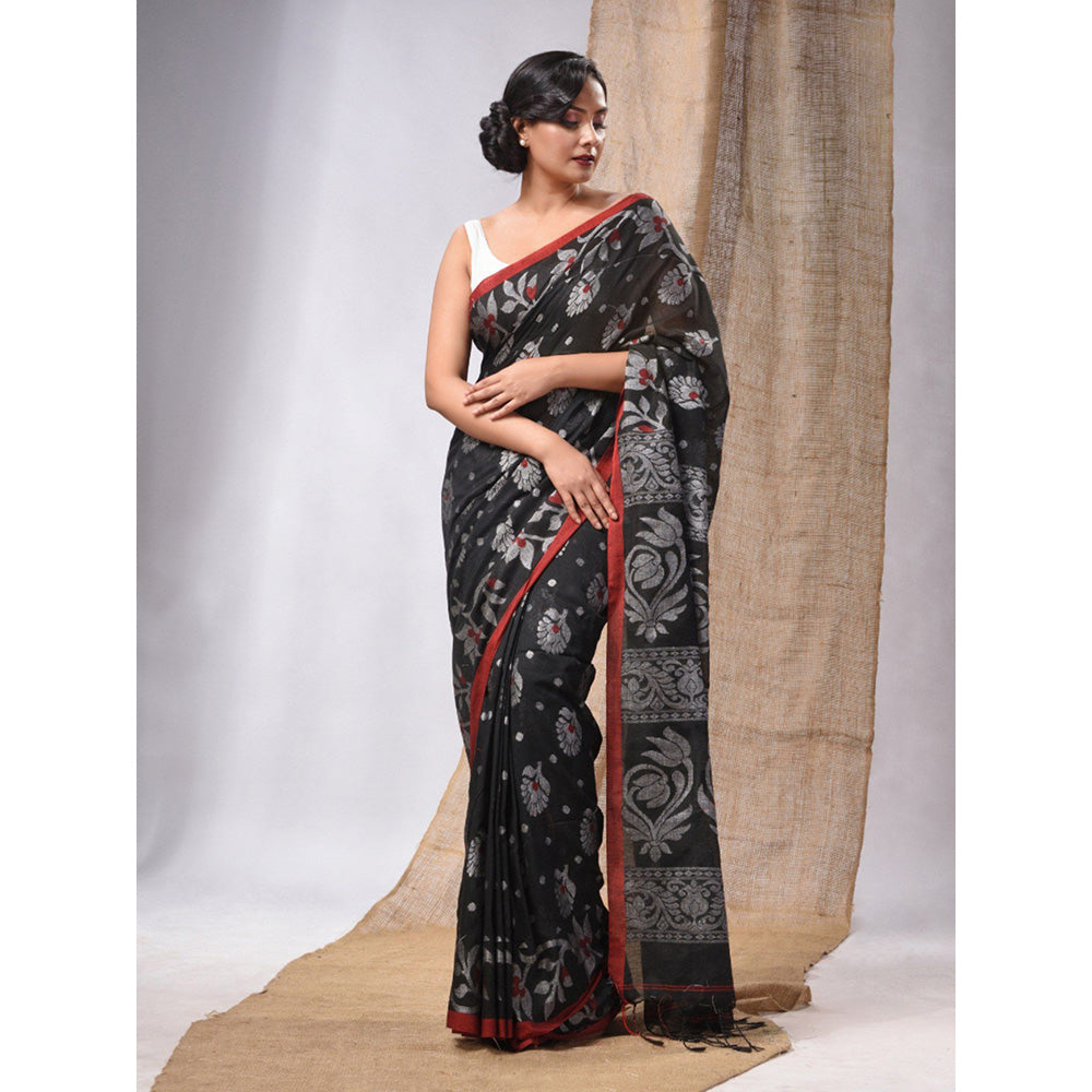 CHARUKRITI Black Cotton Handwoven Saree with Floral Design & Unstitched Blouse