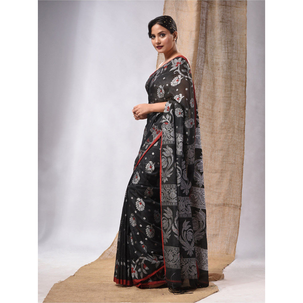 CHARUKRITI Black Cotton Handwoven Saree with Floral Design & Unstitched Blouse