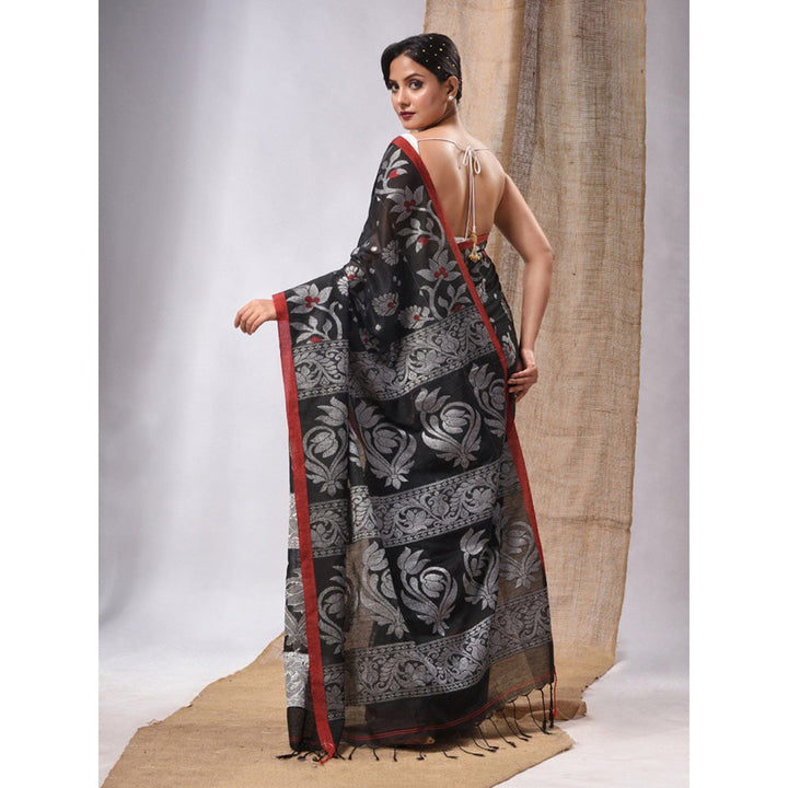 CHARUKRITI Black Cotton Handwoven Saree with Floral Design & Unstitched Blouse