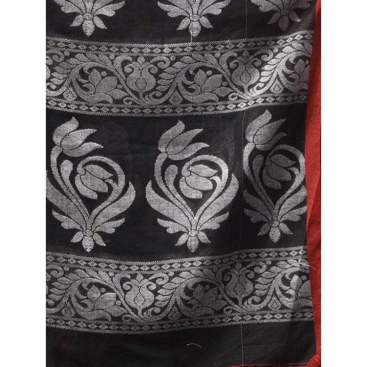 CHARUKRITI Black Cotton Handwoven Saree with Floral Design & Unstitched Blouse