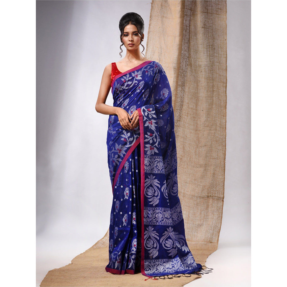 CHARUKRITI Royal Blue Cotton Handwoven Saree with Floral Design & Unstitched Blouse