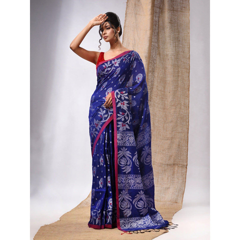 CHARUKRITI Royal Blue Cotton Handwoven Saree with Floral Design & Unstitched Blouse