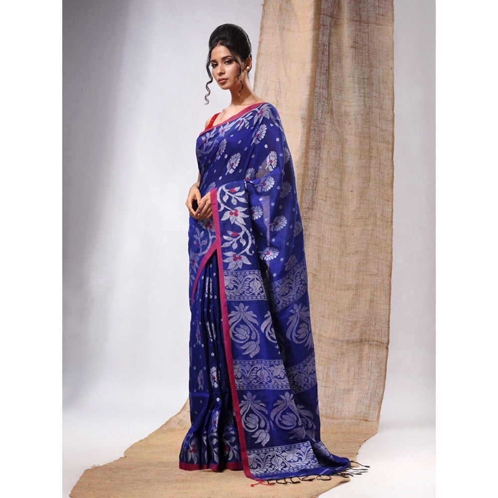 CHARUKRITI Royal Blue Cotton Handwoven Saree with Floral Design & Unstitched Blouse