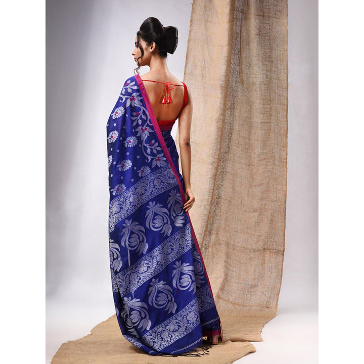 CHARUKRITI Royal Blue Cotton Handwoven Saree with Floral Design & Unstitched Blouse