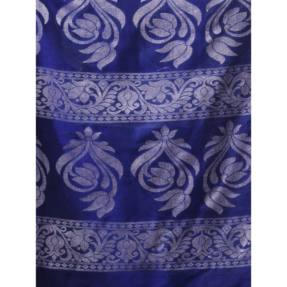 CHARUKRITI Royal Blue Cotton Handwoven Saree with Floral Design & Unstitched Blouse