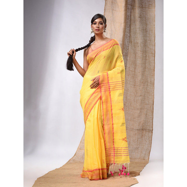 CHARUKRITI Banana Yellow Cotton Silk Handwoven Soft Saree with Sequins Work & Unstitched Blouse