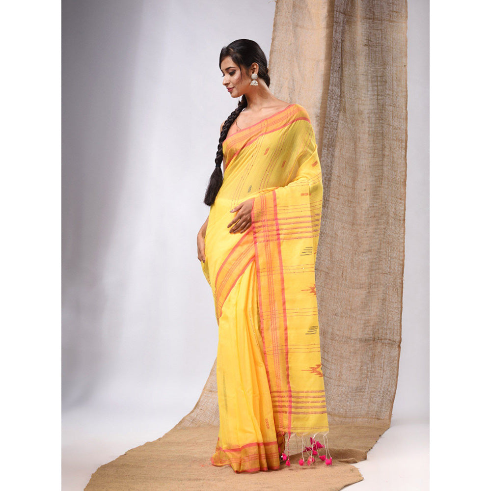 CHARUKRITI Banana Yellow Cotton Silk Handwoven Soft Saree with Sequins Work & Unstitched Blouse