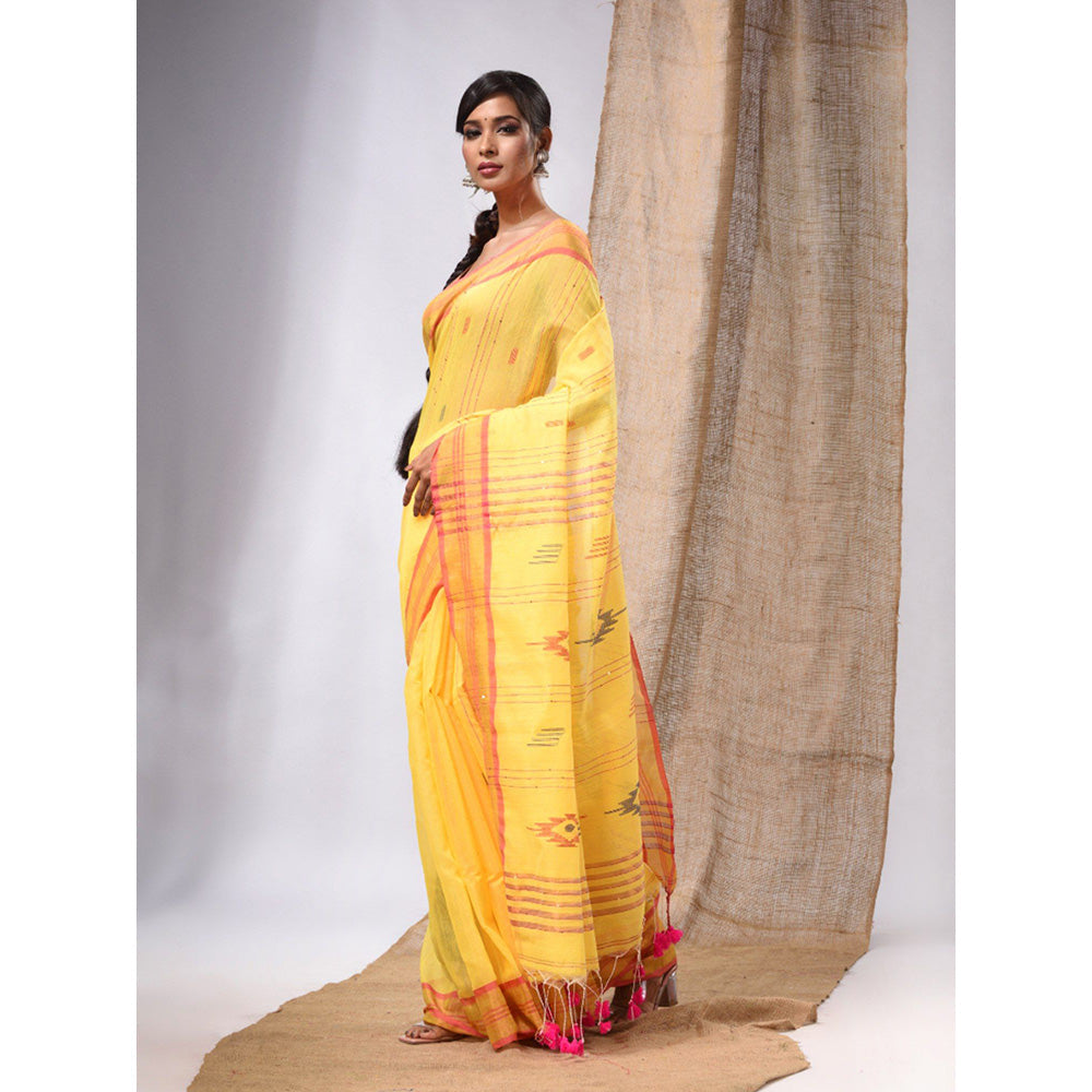 CHARUKRITI Banana Yellow Cotton Silk Handwoven Soft Saree with Sequins Work & Unstitched Blouse