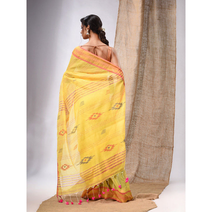 CHARUKRITI Banana Yellow Cotton Silk Handwoven Soft Saree with Sequins Work & Unstitched Blouse