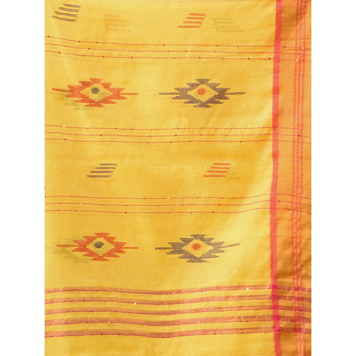 CHARUKRITI Banana Yellow Cotton Silk Handwoven Soft Saree with Sequins Work & Unstitched Blouse