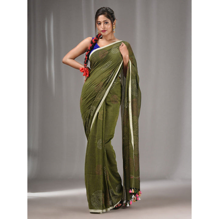 CHARUKRITI Sap Green Cotton Kantha Stitch Handwoven Saree