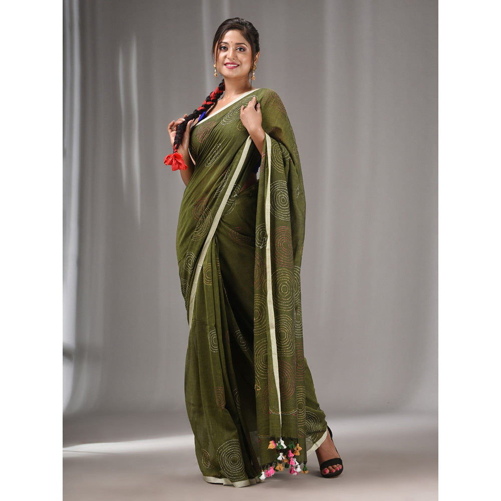 CHARUKRITI Sap Green Cotton Kantha Stitch Handwoven Saree