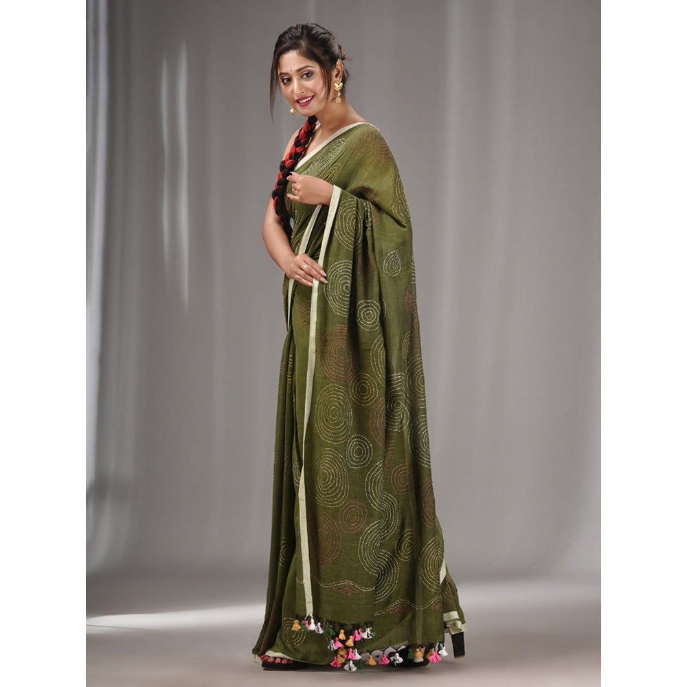 CHARUKRITI Sap Green Cotton Kantha Stitch Handwoven Saree