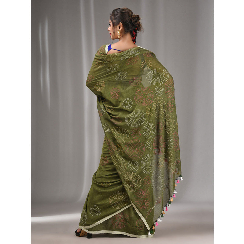 CHARUKRITI Sap Green Cotton Kantha Stitch Handwoven Saree