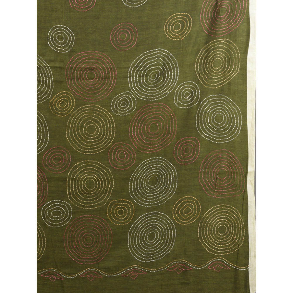 CHARUKRITI Sap Green Cotton Kantha Stitch Handwoven Saree