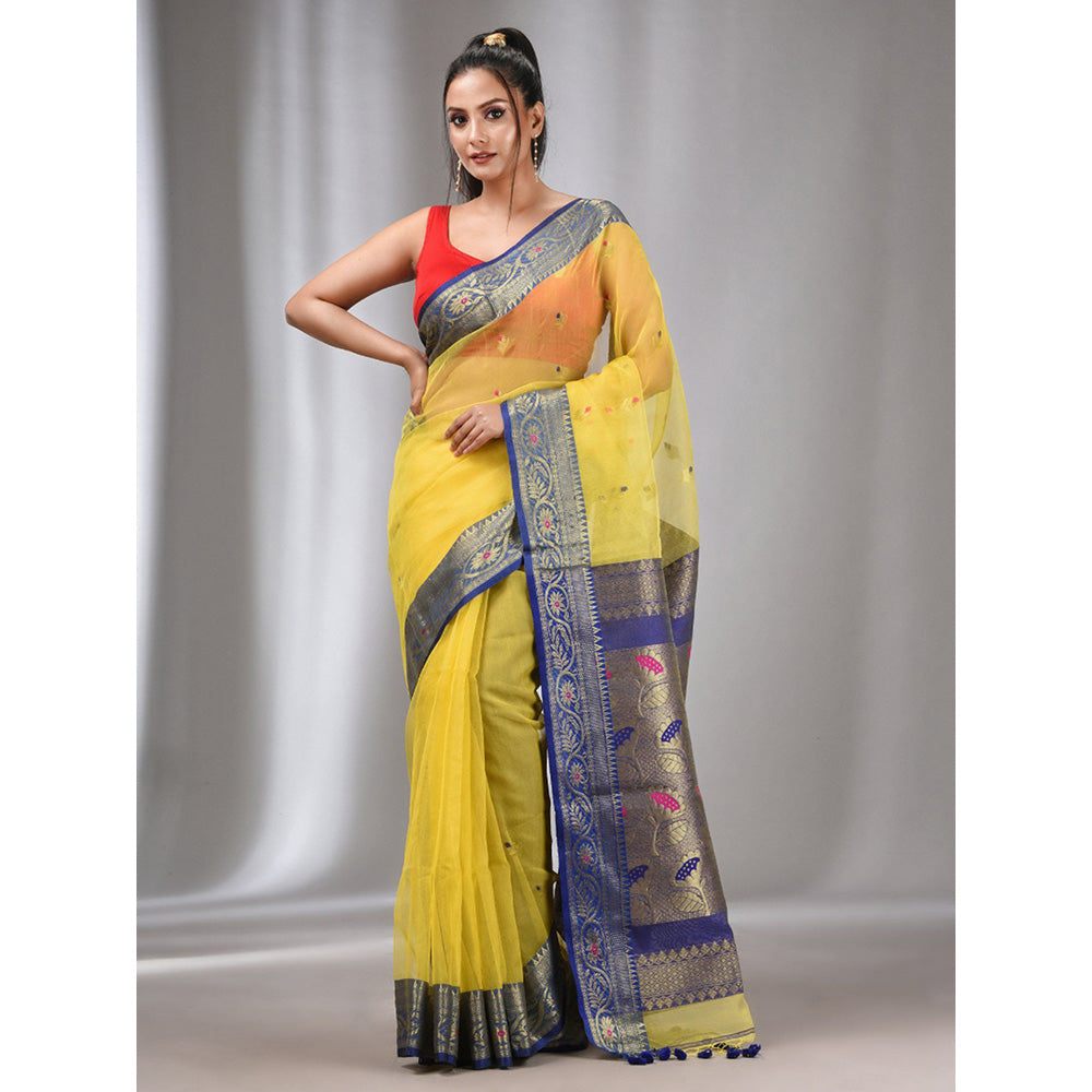 CHARUKRITI Yellow Muslin Handwoven Saree with Nakshi Border with Unstitched Blouse