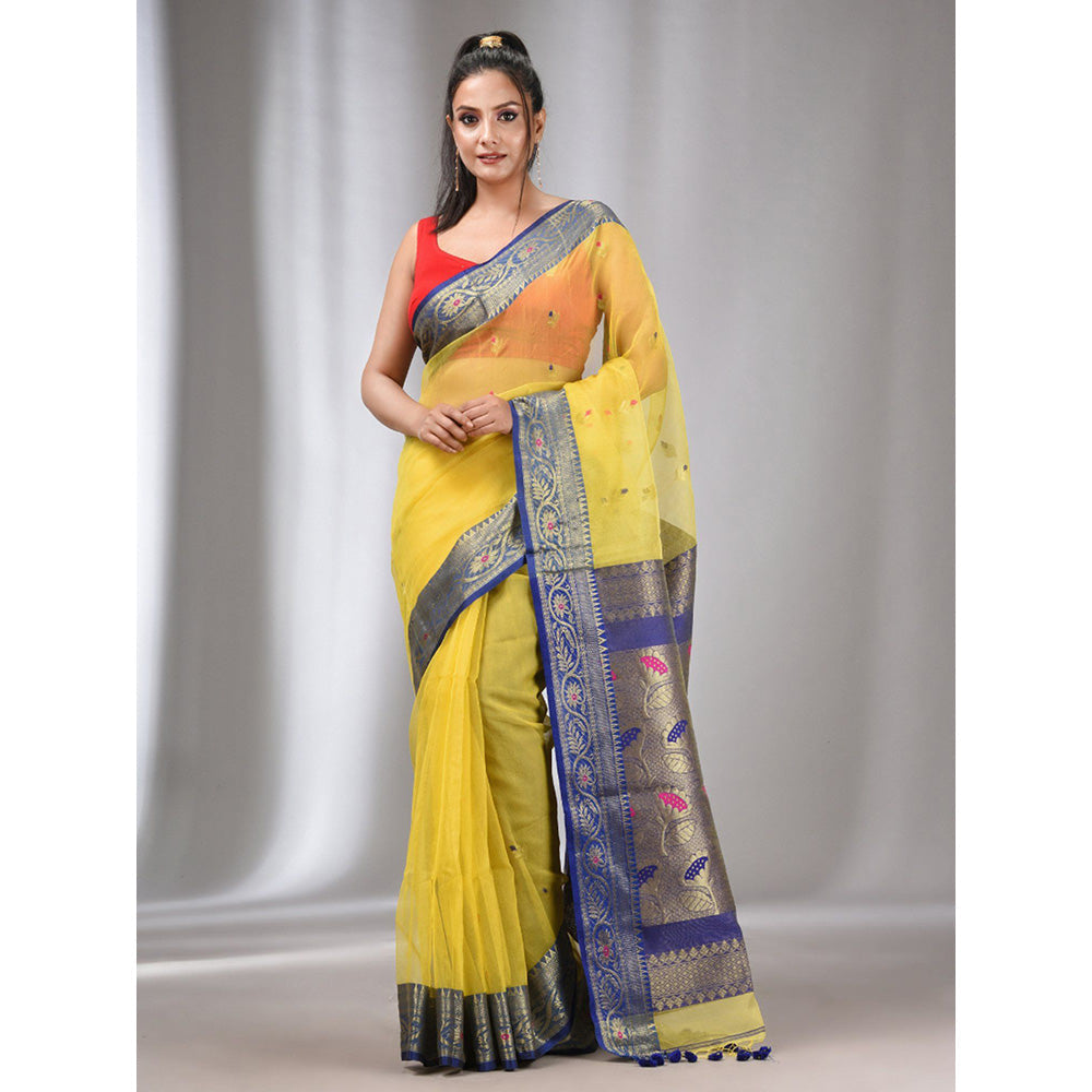 CHARUKRITI Yellow Muslin Handwoven Saree with Nakshi Border with Unstitched Blouse